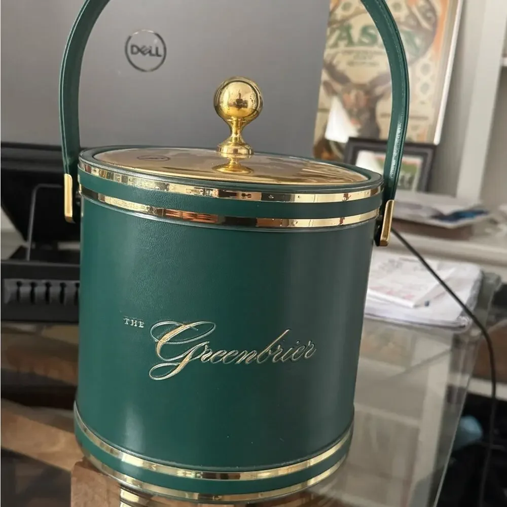 Vintage Kraftware The Greenbrier Resort Ice Bucket Green Gold